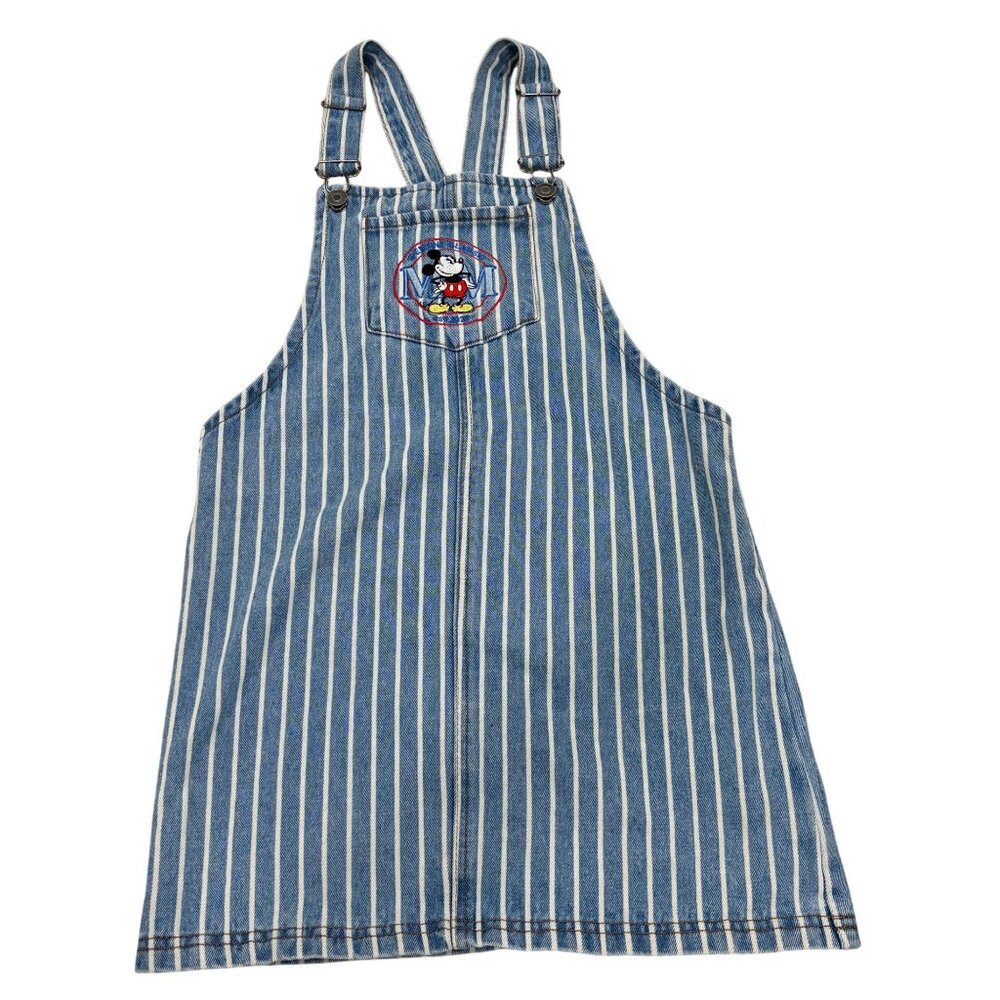 Disney Mickey Mouse Striped Denim Overall Dress Girls Size L Blue & White